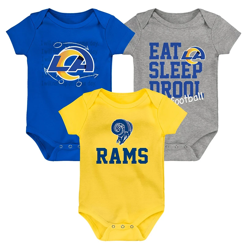 Lot de trois bodys rétro Eat, Sleep & Drool des Los Angeles Rams pour nouveau-nés et nourrissons dorés/royaux/gris chinés