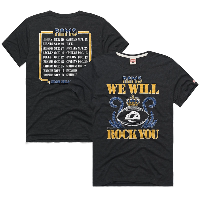 Unisex Homage Charcoal Los Angeles Rams 2026 NFL Schedule Queen Tri-Blend T-Shirt