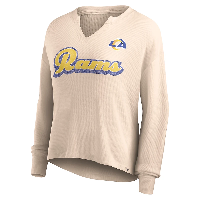 Women's Fanatics Tan Los Angeles Rams Go For It Notch Neck Waffle Knit Lightweight Long Sleeve T-Shirt
