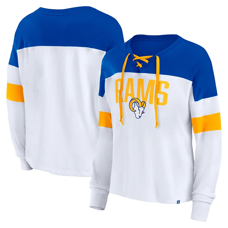 Women's Fanatics White/Royal Los Angeles Rams Even Match Lace-Up Long Sleeve V-Neck T-Shirt