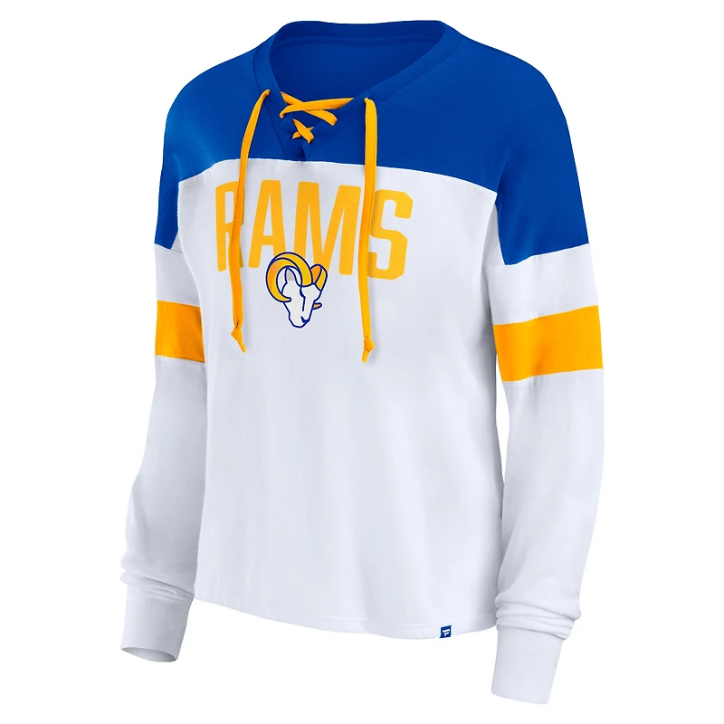 Women's Fanatics White/Royal Los Angeles Rams Even Match Lace-Up Long Sleeve V-Neck T-Shirt