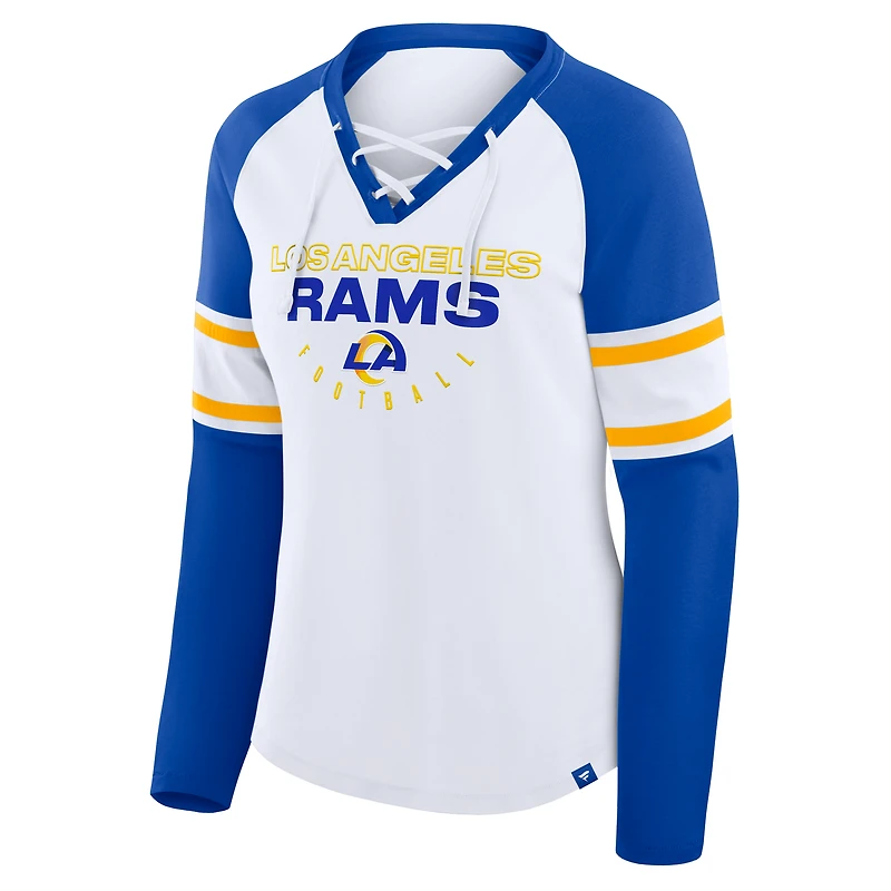 Women's Fanatics White/Royal Los Angeles Rams Redzone Blitz Package Raglan Lace-Up V-Neck Long Sleeve T-Shirt
