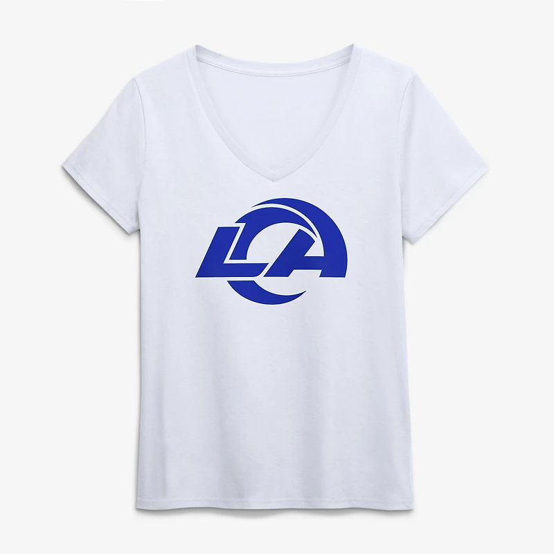 T-shirt blanc à col en V pour femme avec logo des Los Angeles Rams