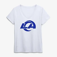 T-shirt blanc à col en V pour femme avec logo des Los Angeles Rams
