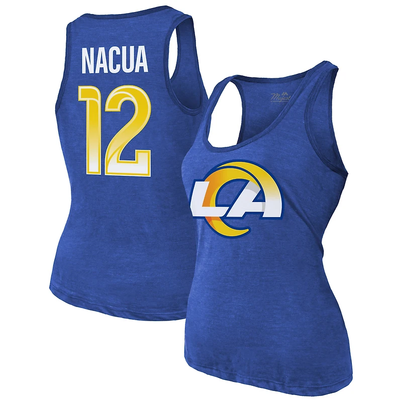 Débardeur à col rond et trois couleurs Majestic Threads Puka Nacua Royal Los Angeles Rams, nom numéro