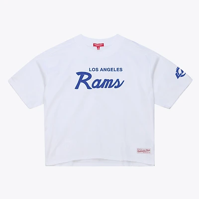 T-shirt court Mitchell & Ness blanc pour femme, motif entraîneur-chef des Rams de Los Angeles