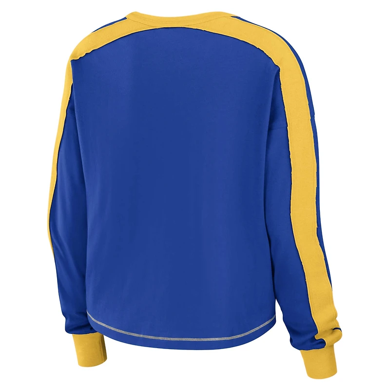 Women's WEAR by Erin Andrews Royal/Gold Los Angeles Rams Color Block Modest Crop Long Sleeve T-Shirt