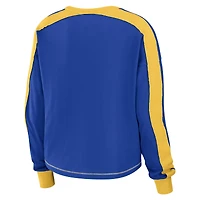 Women's WEAR by Erin Andrews Royal/Gold Los Angeles Rams Color Block Modest Crop Long Sleeve T-Shirt