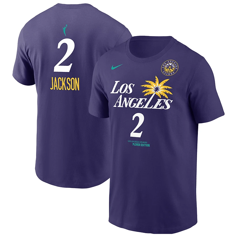 T-shirt Nike Rickea Jackson violet pour homme, édition Explorer, avec nom et numéro des Los Angeles Sparks