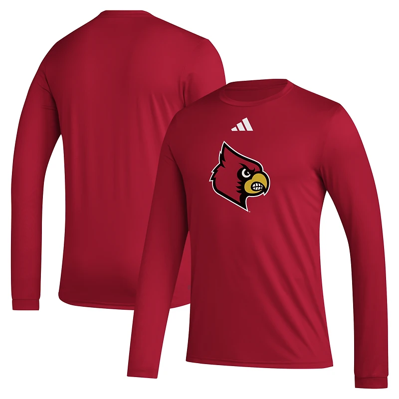 T-shirt d'avant-match à manches longues avec logo du casier principal des Louisville Cardinals adidas rouge pour hommes
