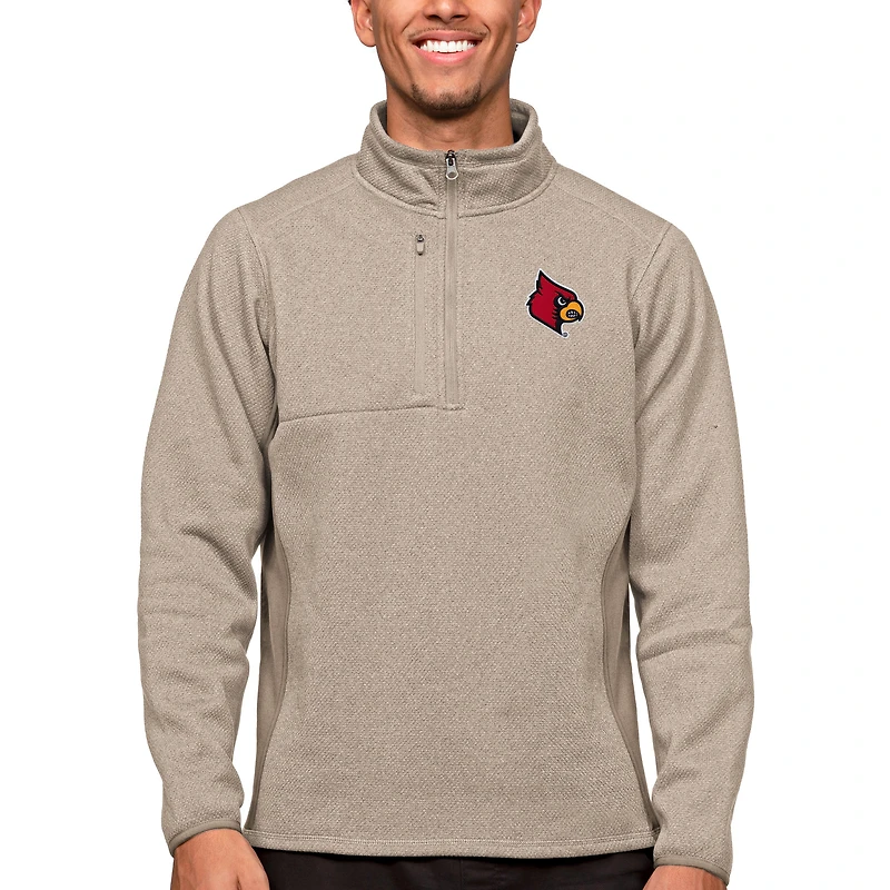 Men's Antigua Oatmeal Louisville Cardinals Course Quarter-Zip Pullover Top