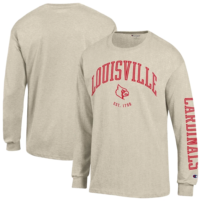 T-shirt à manches longues Champion Heather Oatmeal Louisville Cardinals Neutral Arch pour homme