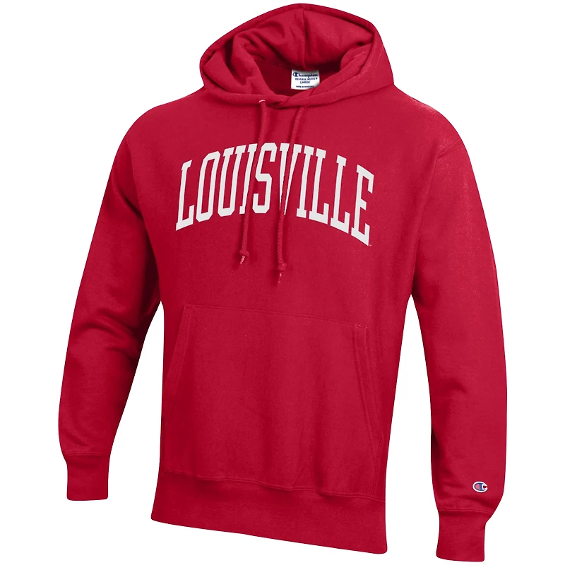 Men's Champion Red Louisville Cardinals Team Arch Reverse Weave Relaxed Fit Pullover Hoodie