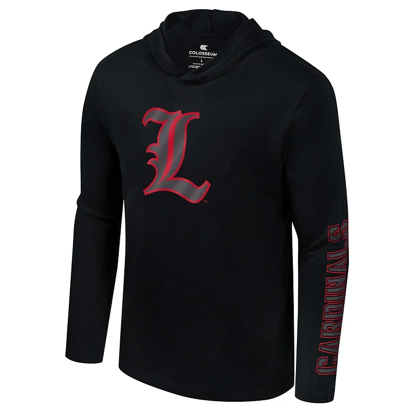 Men's Colosseum Black Louisville Cardinals Color Pop Active Blend 2-Hit Long Sleeve Hooded T-Shirt