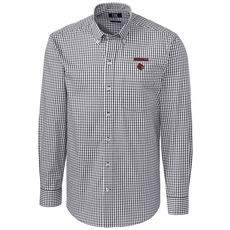 Chemise boutonnée à manches longues extensible carreaux vichy pour homme, couleur anthracite, coupe Cutter & Buck, Louisville Cardinals, grande taille