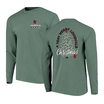 Men's  Green Louisville Cardinals Comfort Colors Merry Christmas Tree Long Sleeve T-Shirt