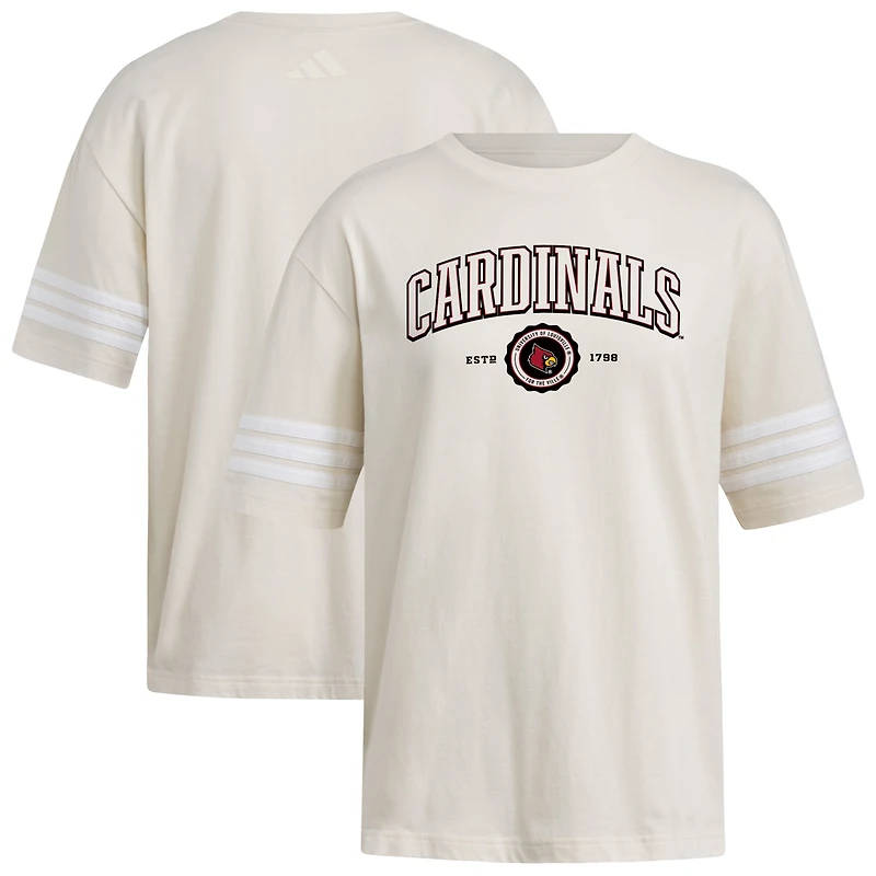 Women's adidas Cream Louisville Cardinals Fashion Three-Stripes Oversized T-Shirt