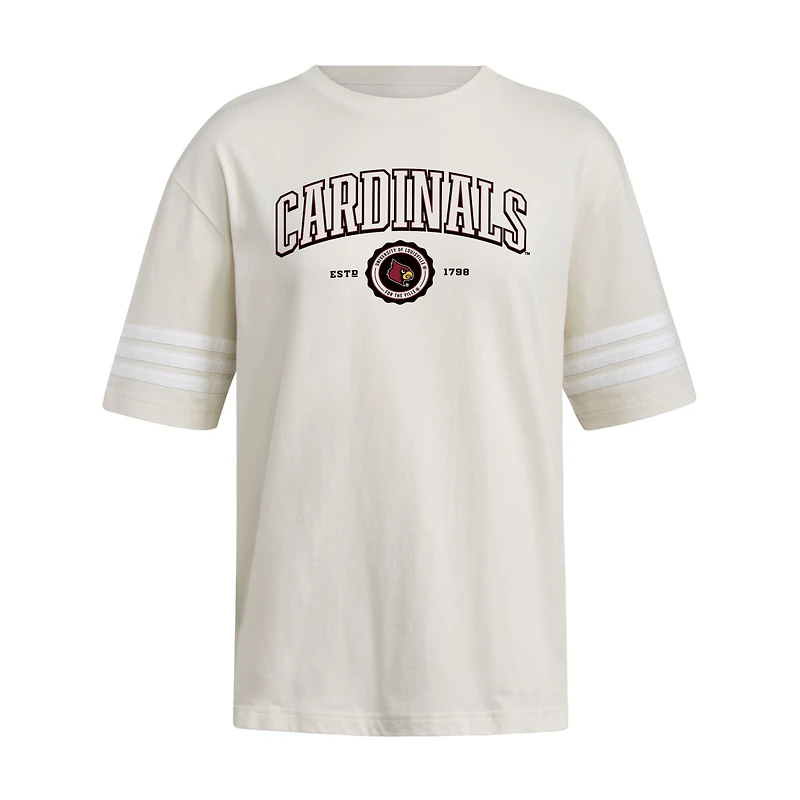 Women's adidas Cream Louisville Cardinals Fashion Three-Stripes Oversized T-Shirt