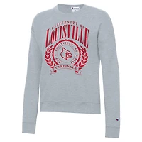 Sweat-shirt à col rond Powerblend gris chiné pour femme, modèle Champion, avec écusson académique des Louisville Cardinals.