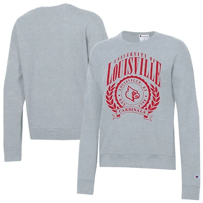 Sweat-shirt à col rond Powerblend gris chiné pour femme, modèle Champion, avec écusson académique des Louisville Cardinals.