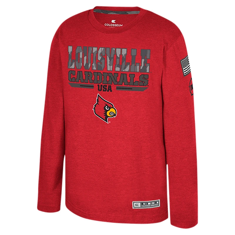 T-shirt à manches longues Oorah d'appréciation militaire OHT du Youth Colosseum Heather Red Louisville Cardinals