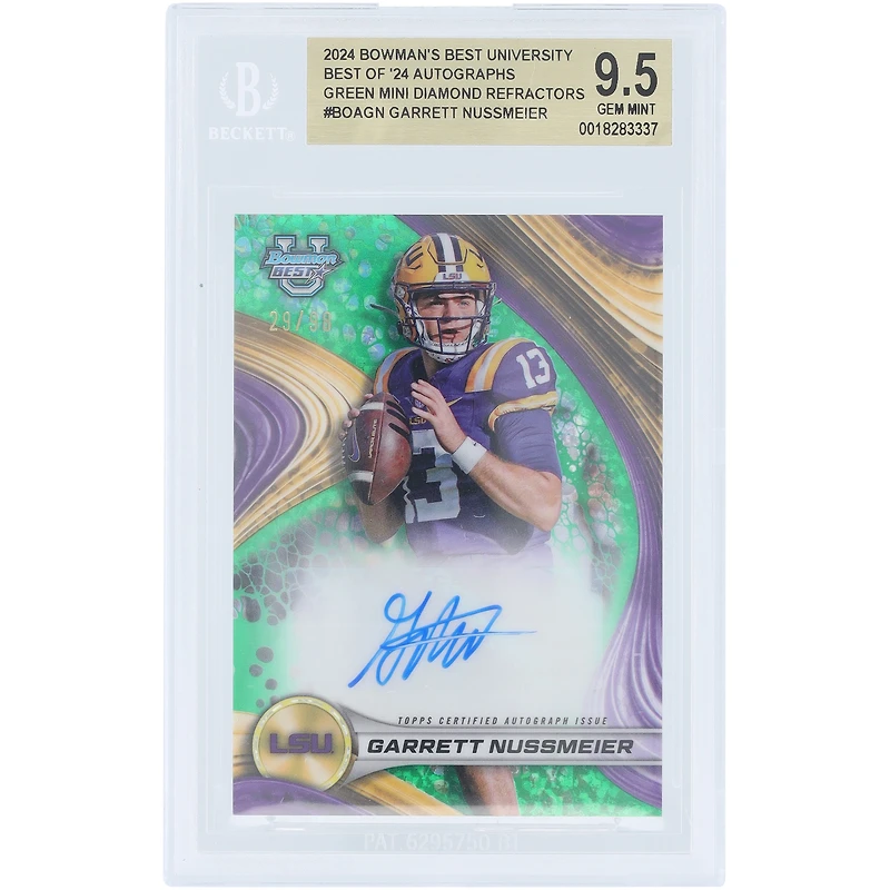 Garrett Nussmeier LSU Tigers Autographed 2024 Bowman Best University Green Mini Diamond Refractor #BOA-GN #29/98 BGS Authenticated 9.5 Card
