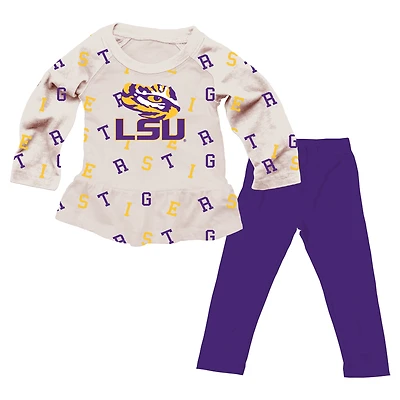 Girls Infant Wes & Willy Oatmeal LSU Tigers Ruffle Raglan Long Sleeve T-Shirt Leggings Set