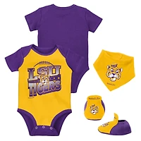 Ensemble de 3 bodys, bavoirs et chaussons Mitchell & Ness LSU Tigers violet/or pour bébé