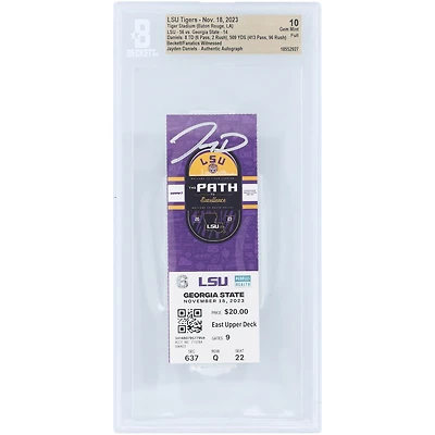 Jayden Daniels LSU Tigers Autographed 509 Total Yards, 8 Total Touchdown Game Beckett Fanatics Witnessed Authenticated Gem Mint 10 Ticket from November 18, 2023 