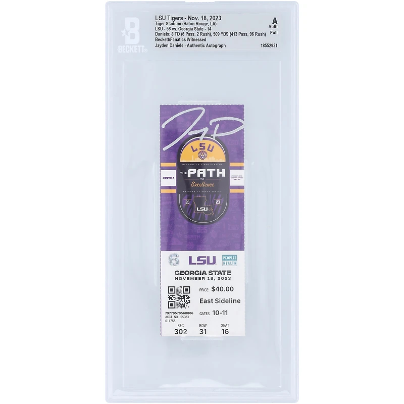 Jayden Daniels LSU Tigers Autographed 509 Total Yards, 8 Total Touchdown Game Beckett Fanatics Witnessed Authenticated Ticket from November 18, 2023 