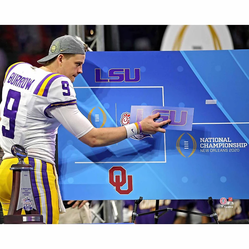 Joe Burrow LSU Tigers Unsigned White Jersey Posting Sticker on National Championship Bracket Photograph