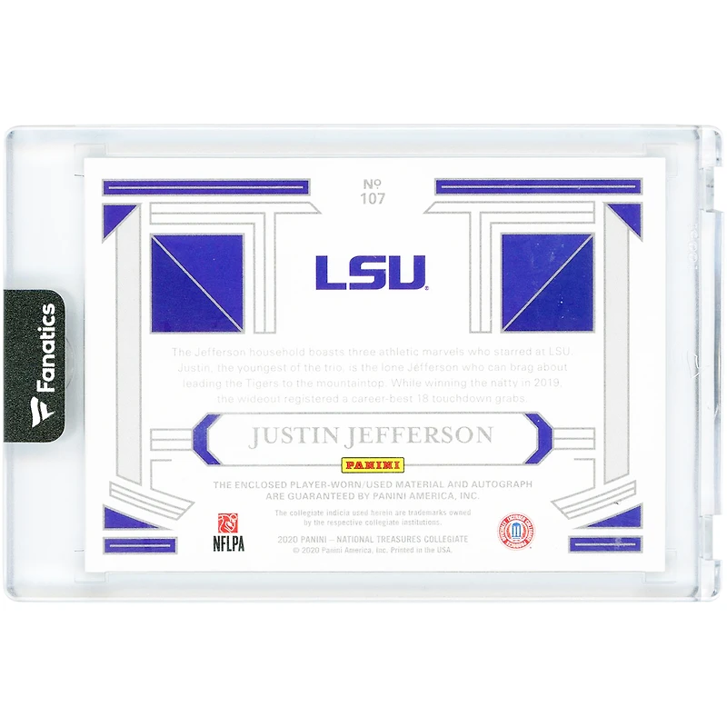 Justin Jefferson LSU Tigers Autographed 2020 Panini National Treasures Collegiate Dual-Color Relic Emerald #107 #1/5 Rookie Card