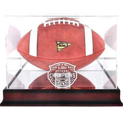 Vitrine en acajou ornée du logo des LSU Tigers, champions nationaux du championnat universitaire de football américain 2019