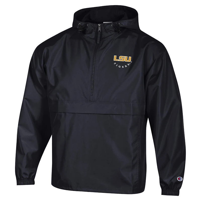 Men's Champion  Black LSU Tigers Packable Hooded Windbreaker Half-Zip Jacket