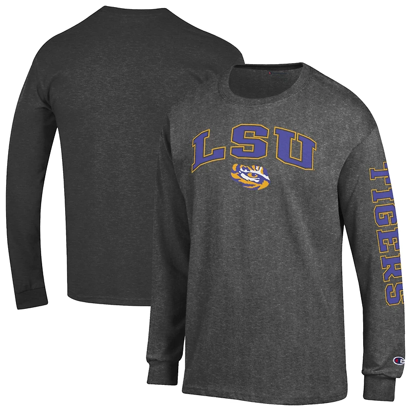 Men's Champion  Charcoal LSU Tigers Arch Over Logo 2-Hit Long Sleeve T-Shirt