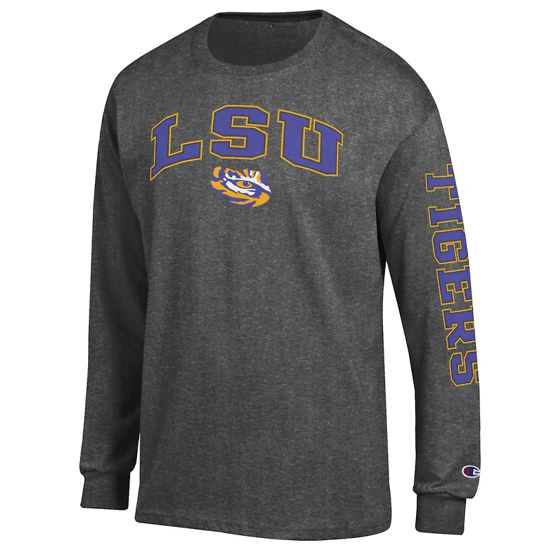 Men's Champion  Charcoal LSU Tigers Arch Over Logo 2-Hit Long Sleeve T-Shirt