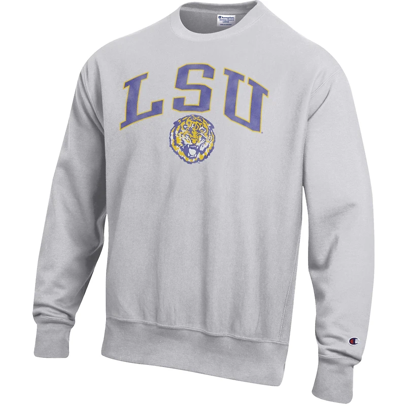 Men's Champion Gray LSU Tigers Distressed Arch Over Logo Reverse Weave Crew Neck Sweatshirt