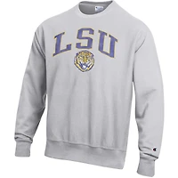 Men's Champion Gray LSU Tigers Distressed Arch Over Logo Reverse Weave Crew Neck Sweatshirt