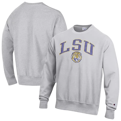 Men's Champion Gray LSU Tigers Distressed Arch Over Logo Reverse Weave Crew Neck Sweatshirt