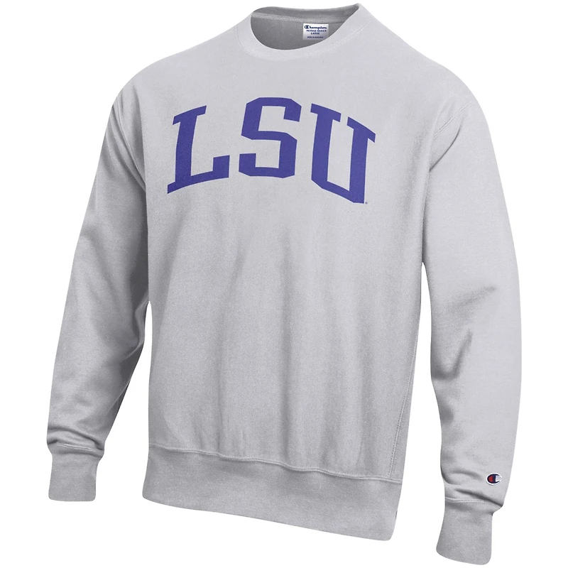 Men's Champion Heathered Gray LSU Tigers Big & Tall Reverse Weave Fleece Crewneck Pullover Sweatshirt