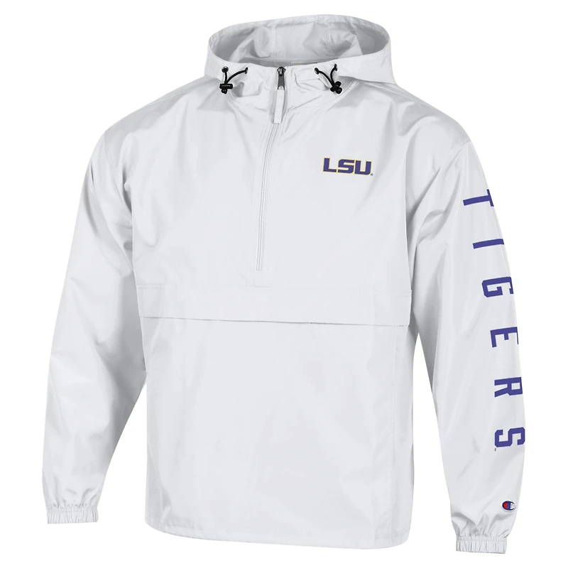 Men's Champion  White LSU Tigers Cloud Packable Half-Zip Hooded Jacket