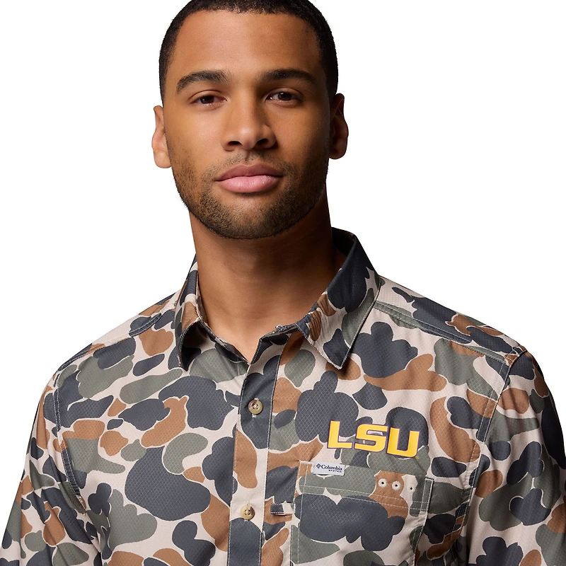 Chemise boutonnée Columbia Camo LSU Tigers Super Slack Tide Omni-Wick pour homme