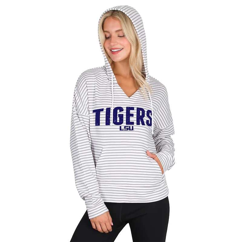 Men's Concepts Sport  White/Gray LSU Tigers French Terry Striped V-Neck Pullover Hoodie