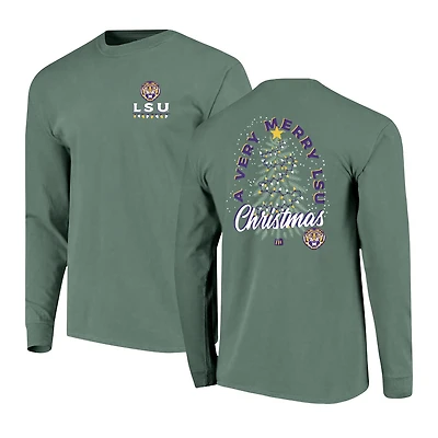 Men's  Green LSU Tigers Comfort Colors Merry Christmas Tree Long Sleeve T-Shirt