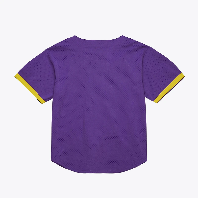 Maillot de baseball d'entraînement Mitchell & Ness violet LSU Tigers pour homme, en maille et à boutons, idéal la frappe.