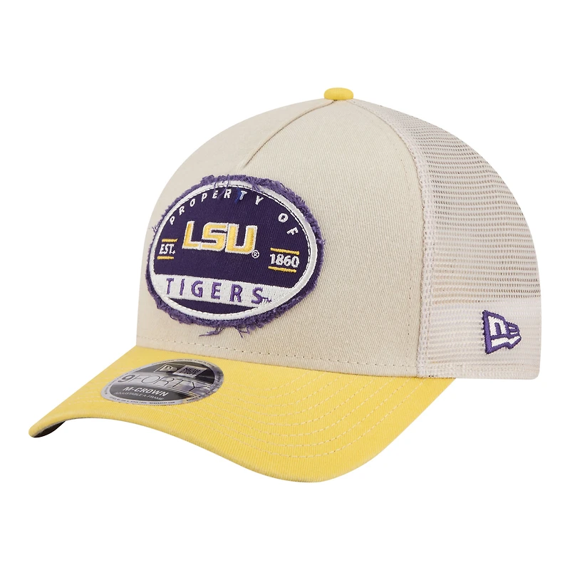 Casquette trucker ajustable New Era Stone/Gold LSU Tigers à écusson effiloché 9FORTY M-Crown A-Frame pour homme