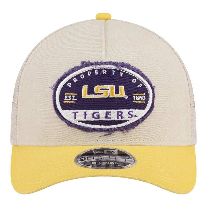 Men's New Era  Stone/Gold LSU Tigers Frayed Patch 9FORTY M-Crown A-Frame Trucker Adjustable Hat