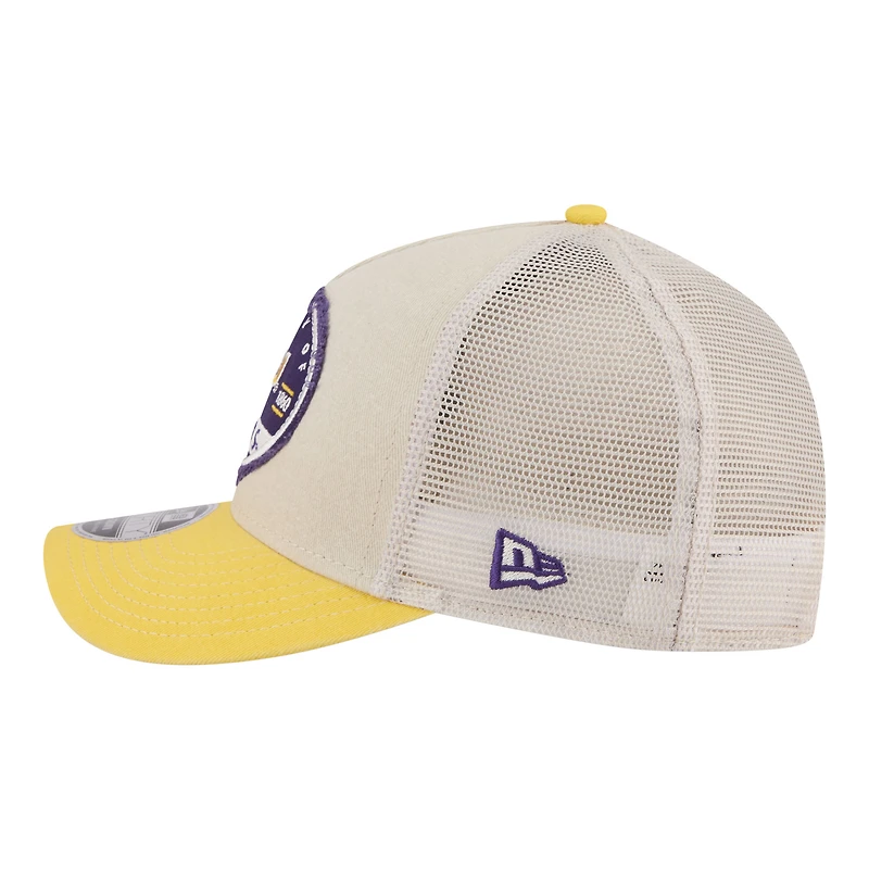 Men's New Era  Stone/Gold LSU Tigers Frayed Patch 9FORTY M-Crown A-Frame Trucker Adjustable Hat
