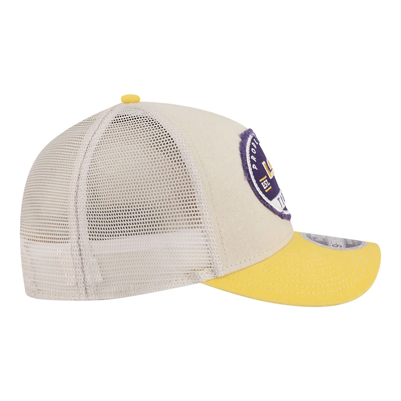 Men's New Era  Stone/Gold LSU Tigers Frayed Patch 9FORTY M-Crown A-Frame Trucker Adjustable Hat