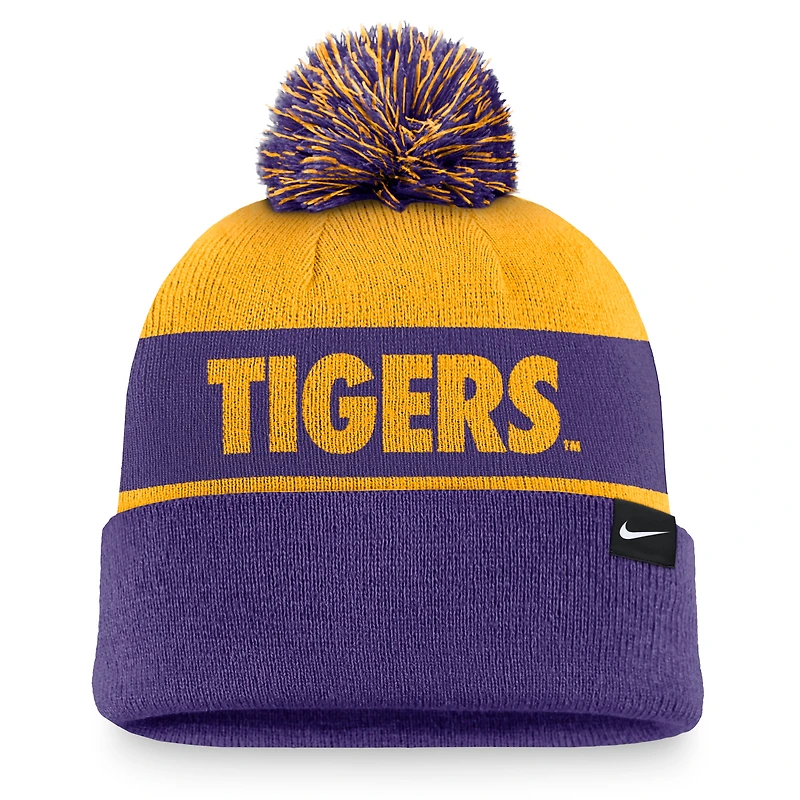 Bonnet en tricot à revers Nike LSU Tigers Primetime Peak pour homme, jaune/violet, avec pompon